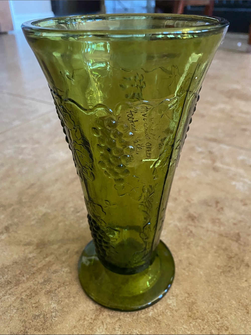 Pressed Glass Vase with Grape Motif in Olive Green